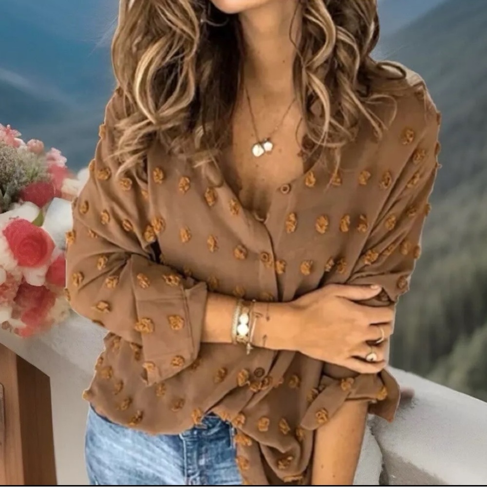Sexy Coffee/Brown Collared Button Down W/Puffy Circle Designs Button Cuff Shirt - Picture 3 of 5